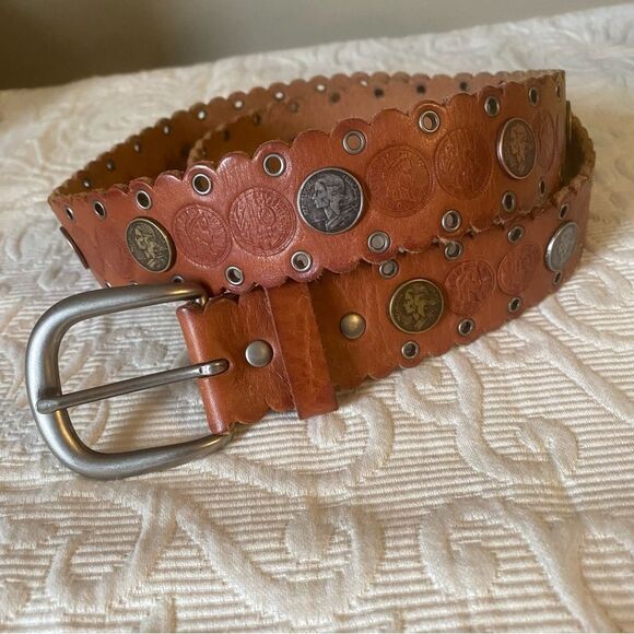 Fossil Coin Chonco Accented Brown Leather Belt Western Size Medium - Picture 1 of 7